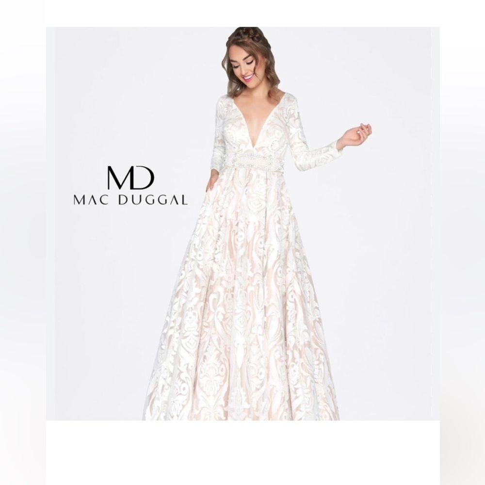 Mac Duggal White and Cream Long Sleeve Dress